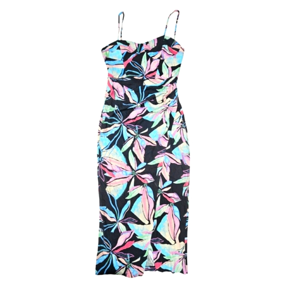 🆕️Zara Linen Floral Tropical Black & Pink Corset Faux Wrap Summer Dress - Picture 6 of 14